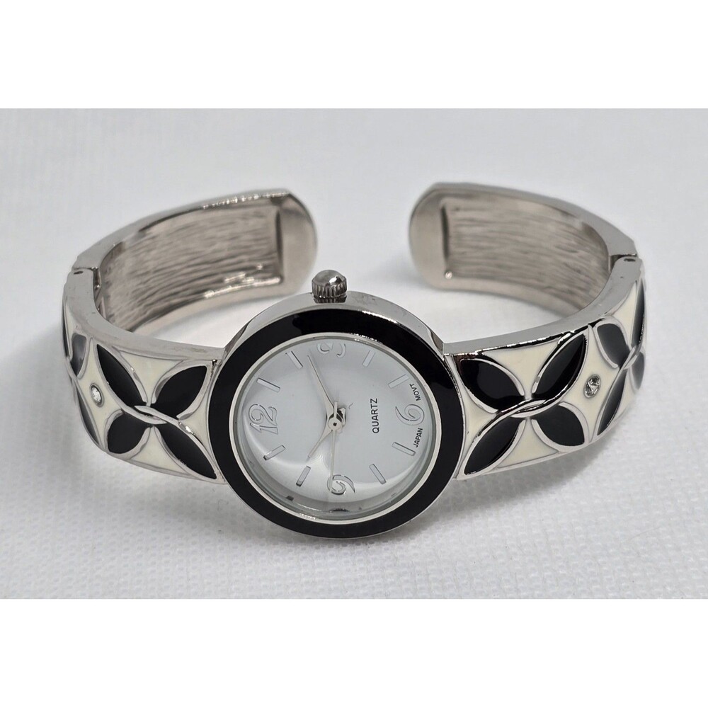 Women's Fancy Trendy Round White Silver Black Tone Cuff Band Watch 12 - Picture 6 of 9